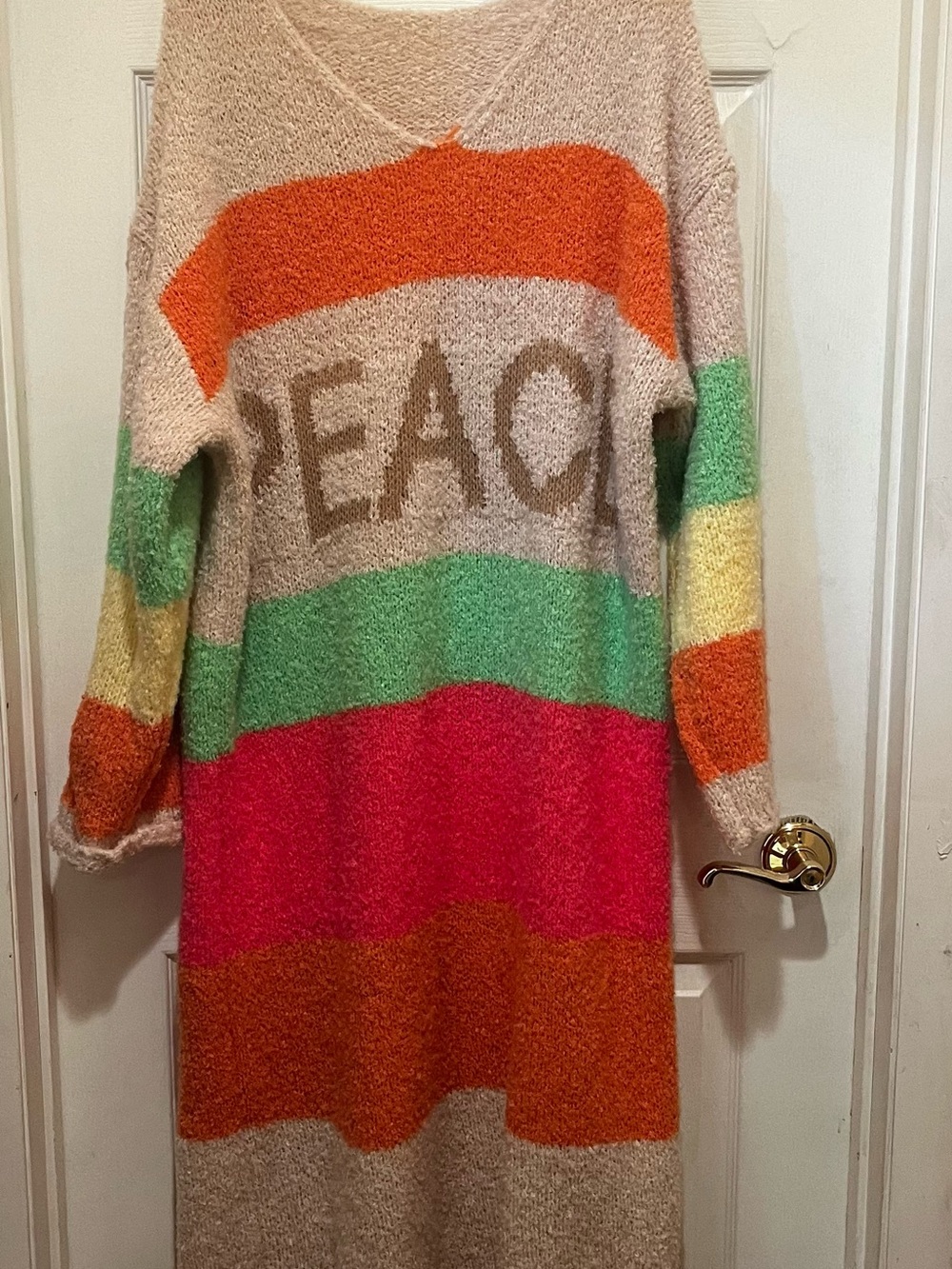 Cozy Multicolor Striped 'PEACE' Knit Sweater Dress